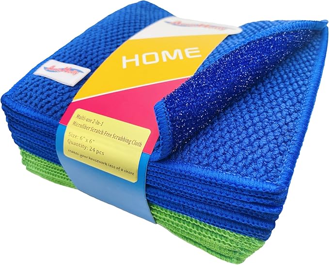 24 Pack Microfiber Scrub Dish Cleaning Cloth, Non-Scratch, 6 x 6 Inch, Multi-use for Pan Pot Dish Cooktop Stovetop Counter Kitchen Household, No Odor, Machine Washable, Blue & Green Assorted
