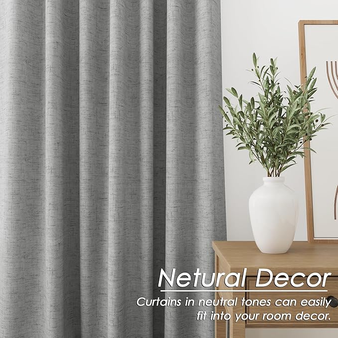Charcoal Linen Blackout Curtains 108 Inches Long 2 Panel Set for Living Room Back Tab Pocket Drapes Cotton Textured Room Darkening Light Blocking Curtain for Bedroom Cottage High Window 52x108