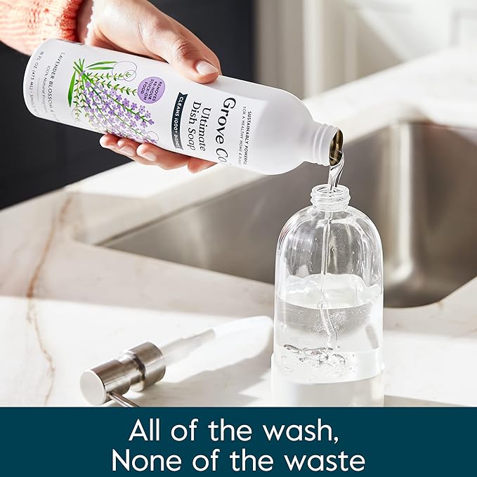 Grove Co. Ultimate Dish Soap Refills (3 x 16 Fl Oz) + Refillable Glass Dish Soap Dispenser for Kitchen Sink with Non-Slip Silicone Sleeve, Plastic Free Cleaning Products, Lavender Blossom & Thyme