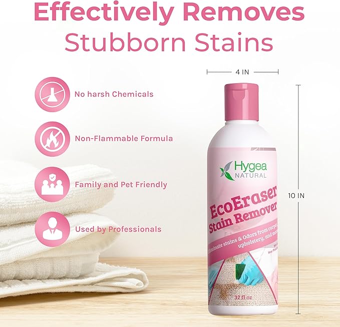 Hygea Natural EcoEraser Stain & Odor Remover - Liquid Formula for Carpet, Rugs, Upholstery, Fabrics - Deodorizing Pet Spot Cleaner (32 oz)