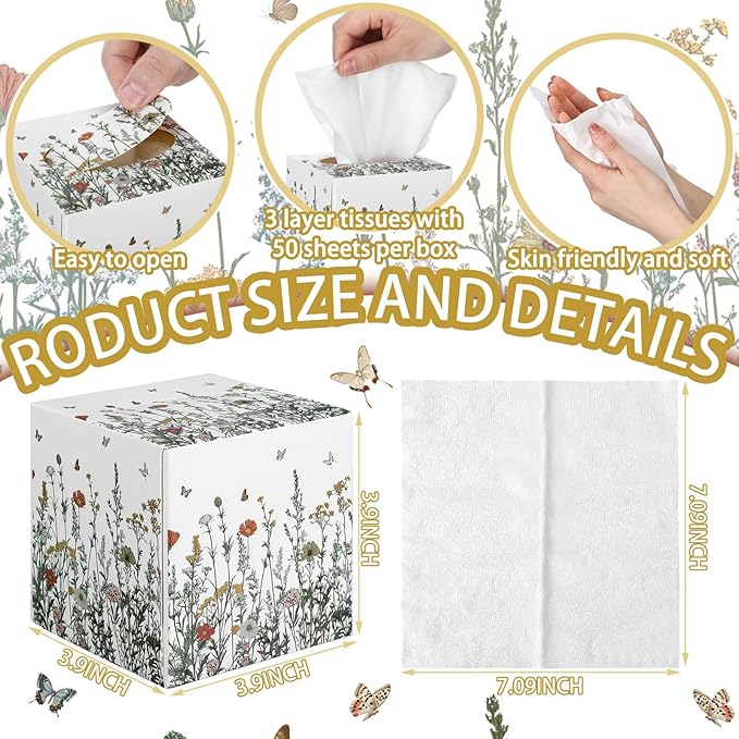 12 Pack Fall Floral Facial Tissues Cube Boxes 600 Sheets 3 Ply Small Square Wildflower Face Tissues Bulk for Autumn Christmas Car Bedroom Supplies