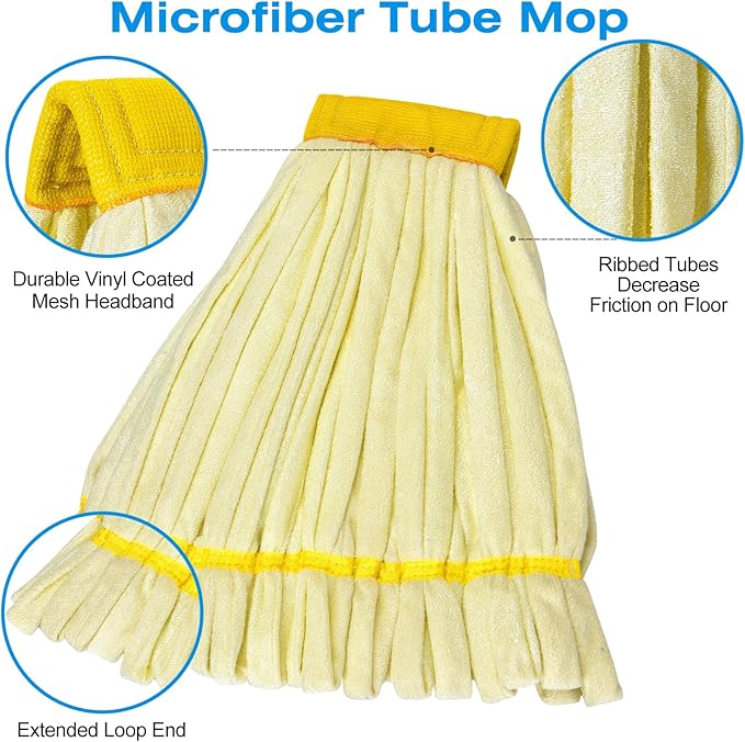 Matthew Cleaning Microfiber Tube Mop(Large,Yellow,12Pack) Heavy Duty Mop Head Replacement,Excellent Absorbency,Premium launderability,Reusable,Loop end for Home,Commercial and Industrial Use