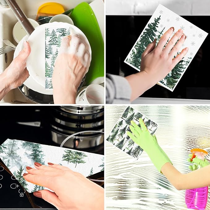 Forest Swedish Dishcloths for Kitchen - 6PCS Watercolor Forest Swedish Cloths for Washing Dishes, Winter Christmas Reusable Dish Towels, Pine Tree Washable Cleaning Sponge Fast Drying