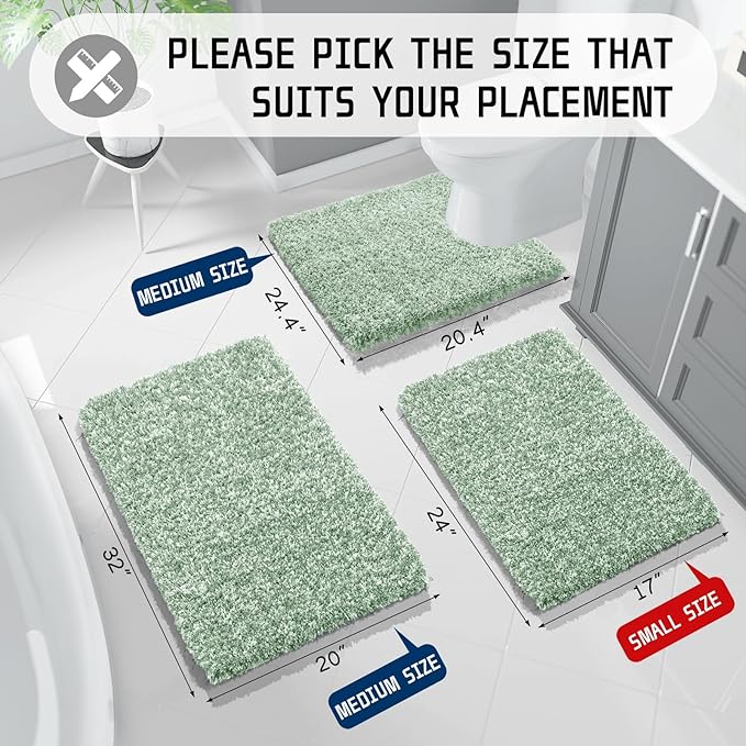Yimobra Bathroom Rugs Sets 2 Piece, Soft Absorbent Bath Mat and U-Shaped Toilet Rug with Non Slip Backing, Machine Washable, Plush Shaggy Bath Mats for Bathroom, 32"x20"+24"x20", Light Green and White