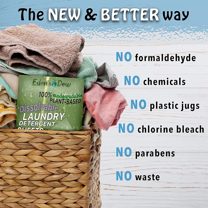 EDEW'S DEW Laundry Detergent Sheets | BIODEGRADABLE | 40 Sheets- Up to 80 Loads | PLANT-BASED | Concentrated Liquidless Laundry Soap | NO PLASTIC JUGS (Fragrance-Free, 1 pack)