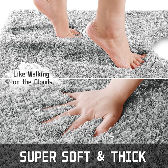 Yimobra Bathroom Rugs Sets 2 Piece, Soft Absorbent Bath Mat and U-Shaped Toilet Rug with Non Slip Backing, Machine Washable, Plush Shaggy Bath Mats for Bathroom, 24"x17"+24"x20", Light Gray and White