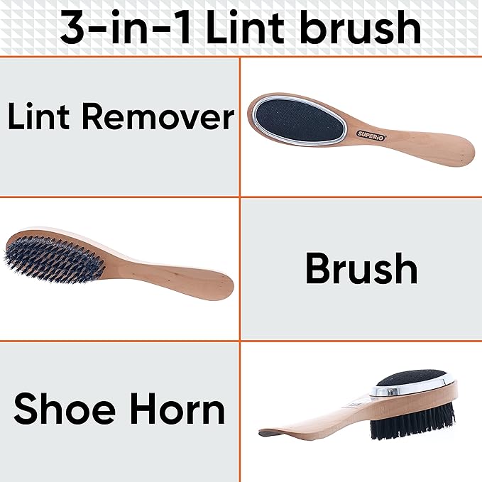 Superio Clothes Brush Garment Brush Pet Hair Remover 3 in 1 Lint Brush, Clothing Brush, and Shoe Horn for Suit, Wool Coat, Sweaters, Shoes, Double Sided Portable Depiller with Wood Handle (3) -Superio