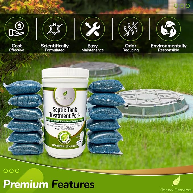 Natural Elements Septic Tank Treatment Pods | 1-Year Supply, Pack of 12 | Eco-Friendly Bacteria & Enzymes Formula | Prevents Backups, Eliminates Odors, Maintains System Health & Efficiency