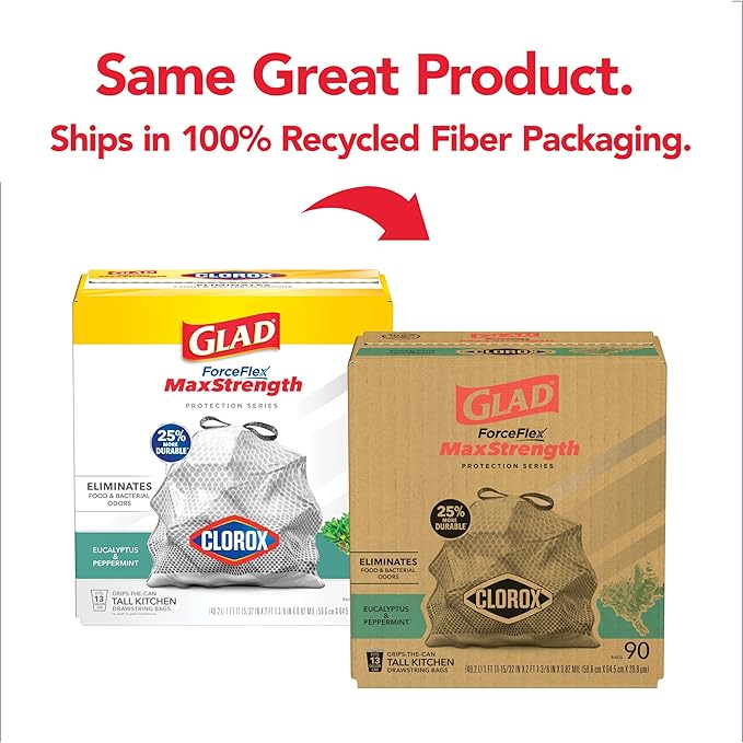 Glad Tall Kitchen Trash Bags 13 Gallon, MaxStrength Eucalyptus and Peppermint Garbage Bags, Drawstring, 90 Count