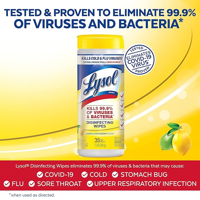 Lysol Disinfectant Wipes, Multi-Surface Antibacterial Cleaning Wipes, Dorm Room Essentials For Disinfecting and Cleaning, Lemon and Lime Blossom, 35 Count (Pack of 3)