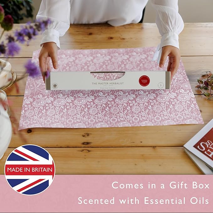 The Master Herbalist Rose Scented Drawer Liners in a Pink William Morris Design. Contains Rose Essential Oil | Pack of 5 Folded Sheets | Contains Essential Oils | Made in The UK.