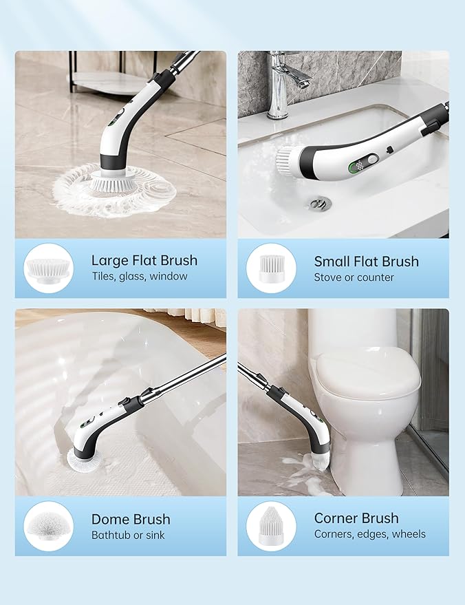 Electric Spin Scrubber with LED Display, IPX7 Waterproof Powerful Shower Scrubber, 2H Runtime, 2 Speeds, Adjustable Handle, 8 Brush Heads for Bathtub Tile Car-Black and White