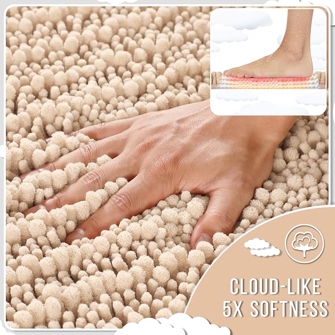 Yimobra Long Bathroom Rugs Non Slip Washable 44x24 Inch - Ultra Soft Absorbent Chenille Bath Mat, Quick Dry Shaggy Floor Carpet for Tub Shower, Light Brown Home Decor Accessories