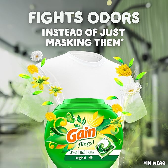 Gain flings Laundry Detergent Soap Pacs HE Compatible Long Lasting Scent, Original Scent, 76 Ct, Gain Laundry Detergent
