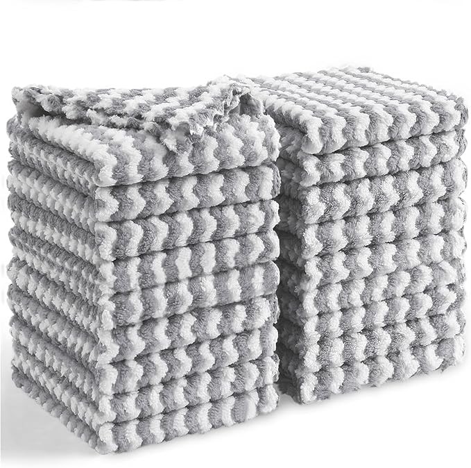 Homaxy 18 Pack Kitchen Dish Cloths, Ultra Soft and Absorbent Dish Towels, Reusable Fast Drying Microfiber Cleaning Cloth, Coral Velvet Wave Design No-lint,10 x 10 inches, Grey