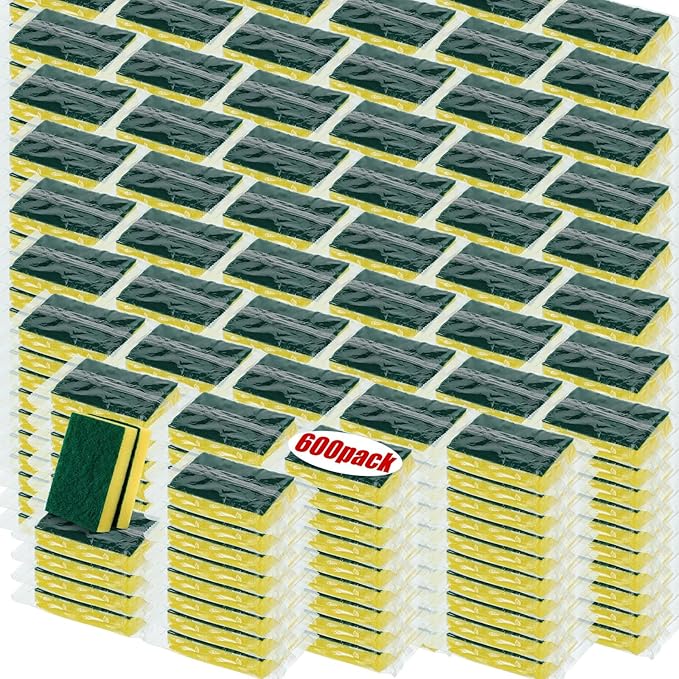 Tanlade 600 Pcs Individually Wrapped Dishwashing Sponge Bulk Non Scratch Scrub Sponges Kitchen Scouring Pad for Household Cleaning Rental Dishes Hotel Apartment Car (Yellow, Green)