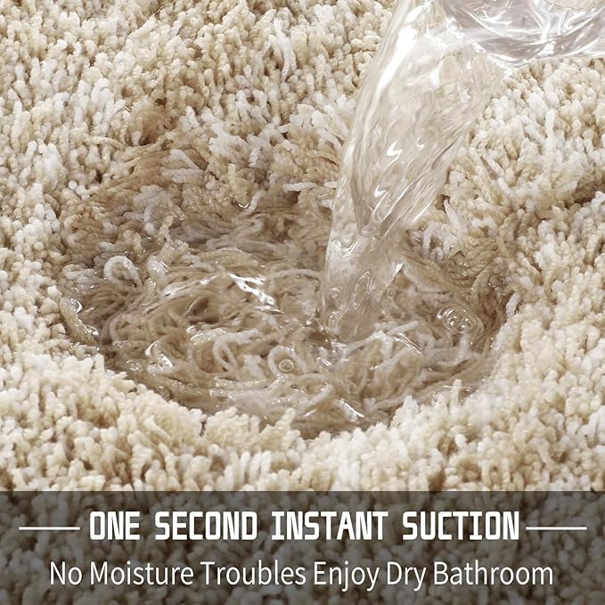 Yimobra Bathroom Rug Set 2 Piece, Soft Absorbent Microfiber Bath Mat Set, Non Slip Machine Washable Dry, Plush Shaggy Shower Rugs for Bathroom Floor, 32"x20"+24"x17", Light Beige & White