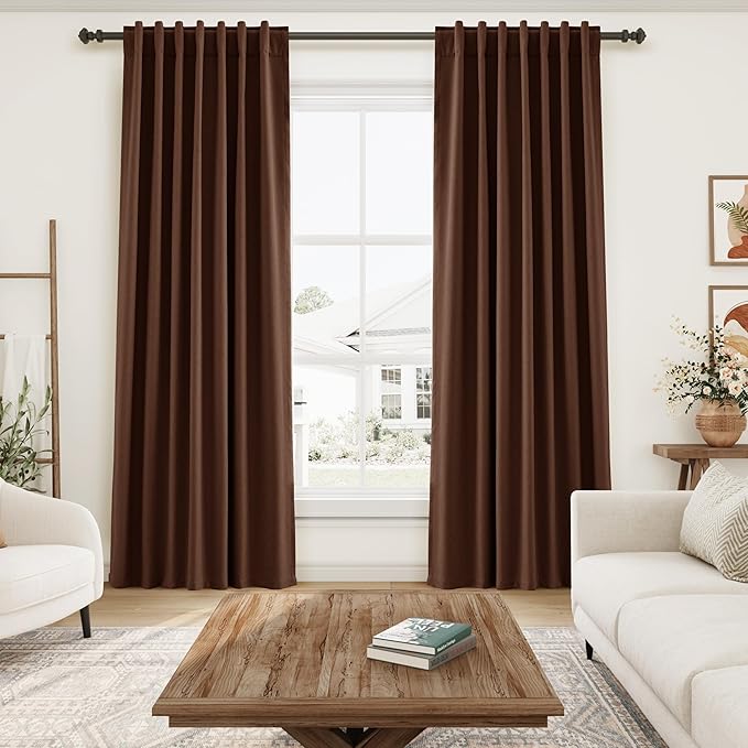 Nanspring Rustic Brown Linen Blackout Curtains 84 Inches Long Back Tab Rod Pocket Drapes Noise Reducing Flax Linen Sound Proof Full Blackout 2 Panels Set for Nursery Modern Farmhouse Curtains 52x84