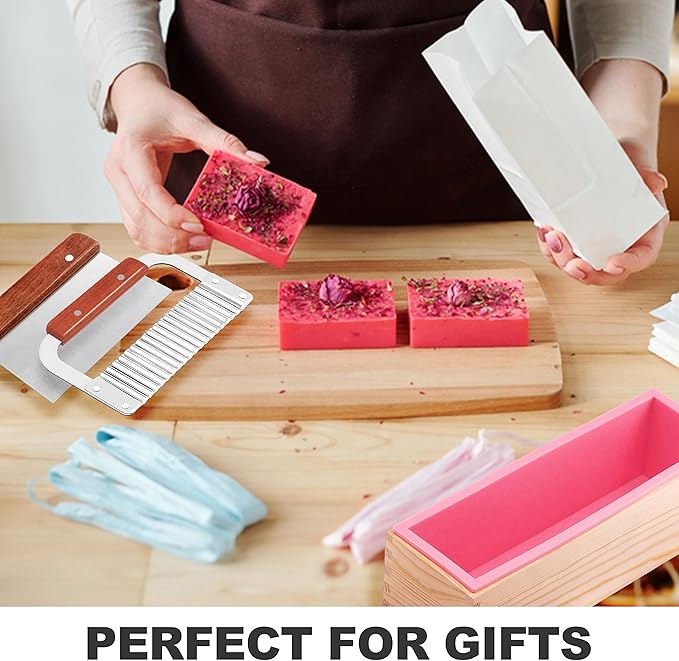 Rectangular Soap Mold Kit with Cutter- 42oz Flexible Silicone Loaf Soap Mold with Wood Box, Stainless Steel Wavy & Straight Scraper for Homemade Craft Soap Making Supplies
