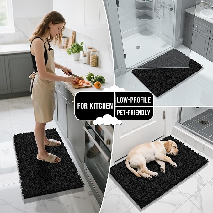 Yimobra Large Bathroom Rugs Non Slip Washable 36x24 Inch - Ultra Soft Absorbent Chenille Bath Mat, Quick Dry Shaggy Floor Carpet for Tub Shower, Black Home Decor Accessories