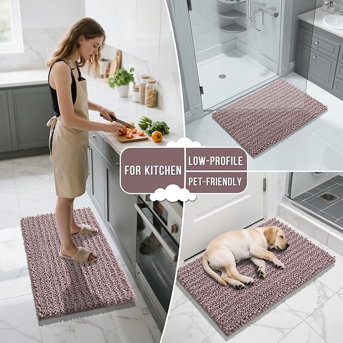 Yimobra Bathroom Rugs Non Slip Washable 24x17 Inch - Ultra Soft Absorbent Chenille Bath Mat, Quick Dry Shaggy Floor Carpet for Tub Shower, Mauve Home Decor Accessories