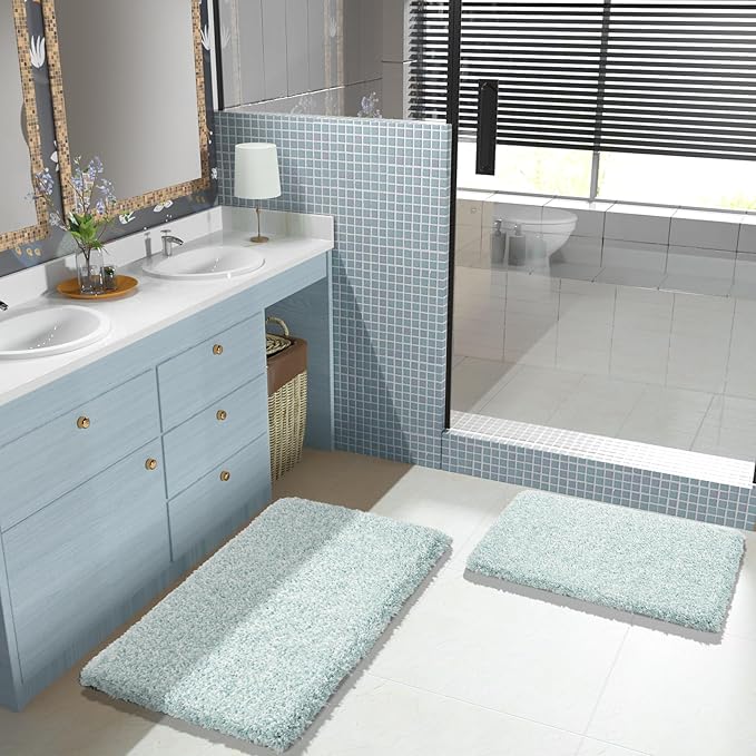 Yimobra Bathroom Rug Set 2 Piece, Soft Absorbent Microfiber Bath Mat Set, Non Slip Machine Washable Dry, Plush Shaggy Shower Rugs for Bathroom Floor, 32"x20"+24"x17", Sky Light Blue & White