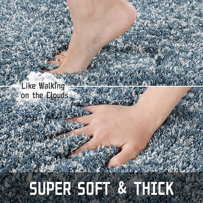 Yimobra Bathroom Rug Set 2 Piece, Soft Absorbent Microfiber Bath Mat Set, Non Slip Machine Washable Dry, Plush Shaggy Shower Rugs for Bathroom Floor, 32"x20"+24"x17", Denim Blue and White