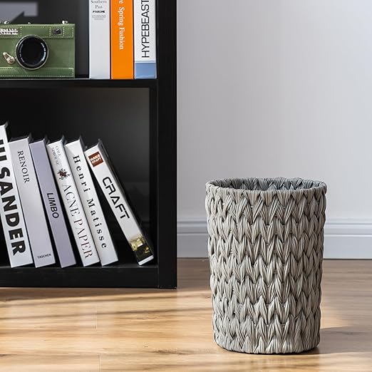 GRANNY SAYS Small Wicker Trash Can, 2 Gallon Bathroom Waste Basket, Small Bathroom Garbage Can, Plastic Trash Basket for Decor, Round Wastebaskets for Office, Bedroom, Cabinet, Grey