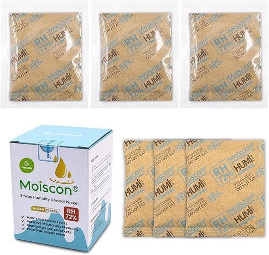 72% Two-Way Humidity Control Packs- 8 Gram Moisture Absorbers for Herbs, Wood Humidifier Boxes - Natural Craft Paper Design, Individually Sealed Packets, Prevents Leaks [90 Pack]