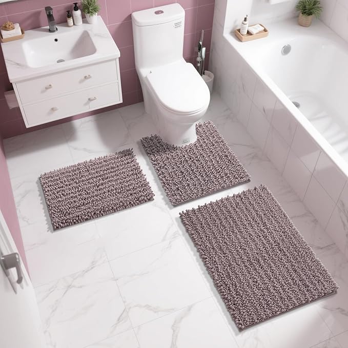 Yimobra Bathroom Rugs Non Slip Washable 24x17 Inch - Ultra Soft Absorbent Chenille Bath Mat, Quick Dry Shaggy Floor Carpet for Tub Shower, Mauve Home Decor Accessories