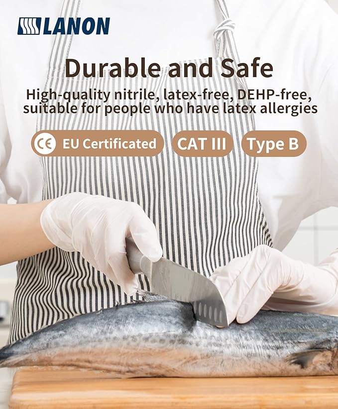 LANON Food Safe White Disposable Nitrile Gloves, Latex-Free, Powder-Free, Textured Fingertips, Cooking, Cleaning, Case, XL