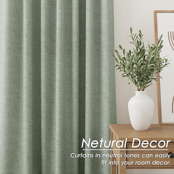 Nanspring Desert Sage Linen Blackout Curtains 90 Inches Long Loop Pocket Rod Pocket Flax Linen Sound Absorbing Light Blocking 2 Panels Set for Dining Room Modern Urban Curtains Drapes 52x90