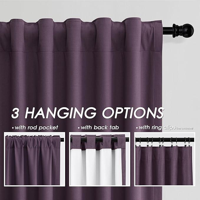 Plum Linen Curtains 120 Inches Long Back Tab Rod Pocket Thermal Insulated Extra Long 10 FT Sound Absorbing Blackout 2 Panels Set for Dining Room Modern Urban Curtains Drapes 52x120