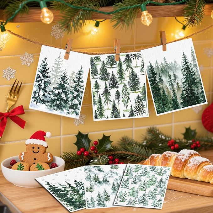 Forest Swedish Dishcloths for Kitchen - 6PCS Watercolor Forest Swedish Cloths for Washing Dishes, Winter Christmas Reusable Dish Towels, Pine Tree Washable Cleaning Sponge Fast Drying