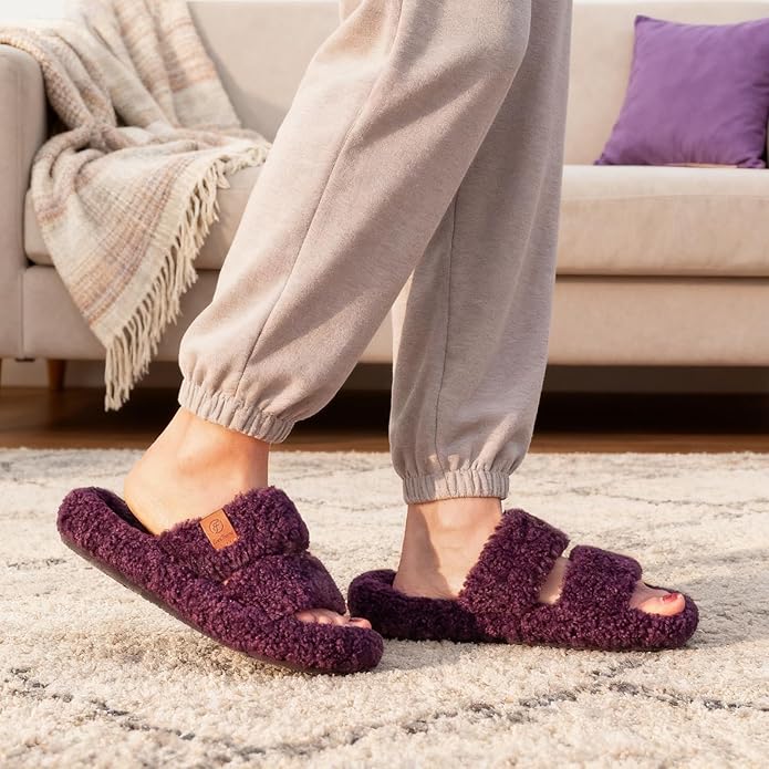EverFoams Womens Fuzzy Open-toe Slippers Soft Comfy Memory Foam Indoor House Shoes