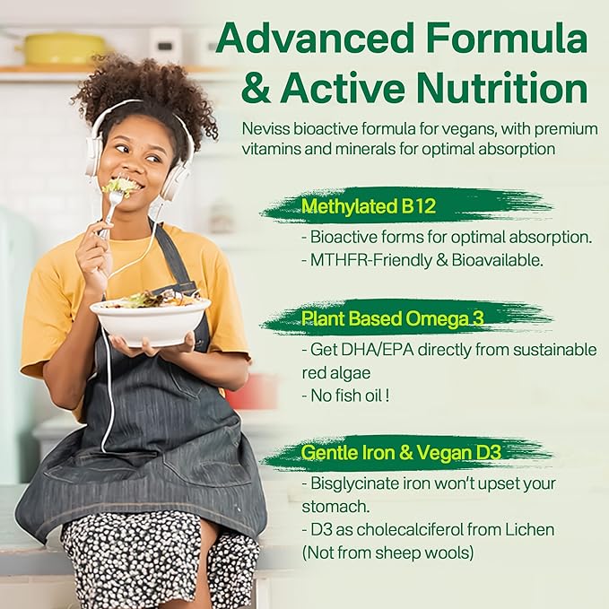 NEVISS Vegan Multivitamin for Women & Men w/Methyl B12, D3 K2, Plant Based Omega 3 (DHA+EPA), Iron, Choline, Zinc, Whole Food Daily Vitamins Gummies for Vegans & Vegetarians, Sugar Free, 60Cts