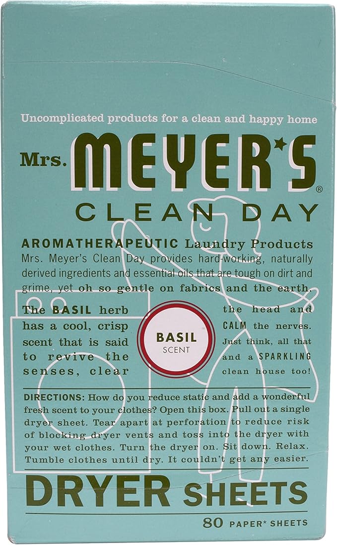 Mrs. Meyer's Clean Day Dryer Sheets, Softens Fabric, Reduces Static, Cruelty Free Formula, Basil Scent, 80 Count