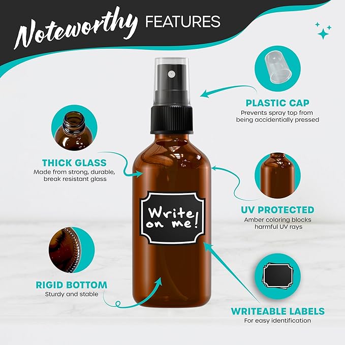 Nevlers 4 Oz Amber Spray Bottles 24 Pack | 118 mL Amber Glass Bottle Sprayer Set w/Funnel, Brush, Labels & Marker | Mist Bottle For Use as Travel Liquid Bottles for Fragrances, Essential Oils & More