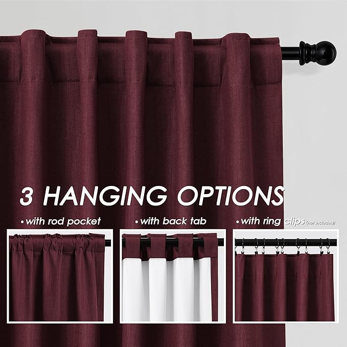 Full Black Out Burgundy Window Curtains 96 Inches Long Back Tab Rod Pocket Thermal Insulated Noise Cancelling Room Darkening 2 Panels Set for Nursery Boho Farmhouse Curtains Drapes 52x96