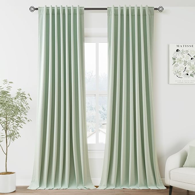 Aqua Green Linen Blackout Curtains 90 Inches Long Loop Pocket Rod Pocket Flax Linen Thermal Insulated Sound Proof Sun Block Out 2 Panels Set for Nursery Modern Farmhouse Curtains Drapes 52x90