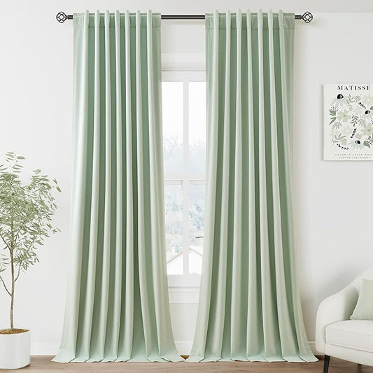 Nanspring Aqua Green Linen Blackout Curtains 96 Inches Long Back Tab Rod Pocket Heat Reducing Noise Cancelling Total Sun Blocking 2 Panels Set for Sliding Door Boho Farmhouse Curtains Drapes 52x96