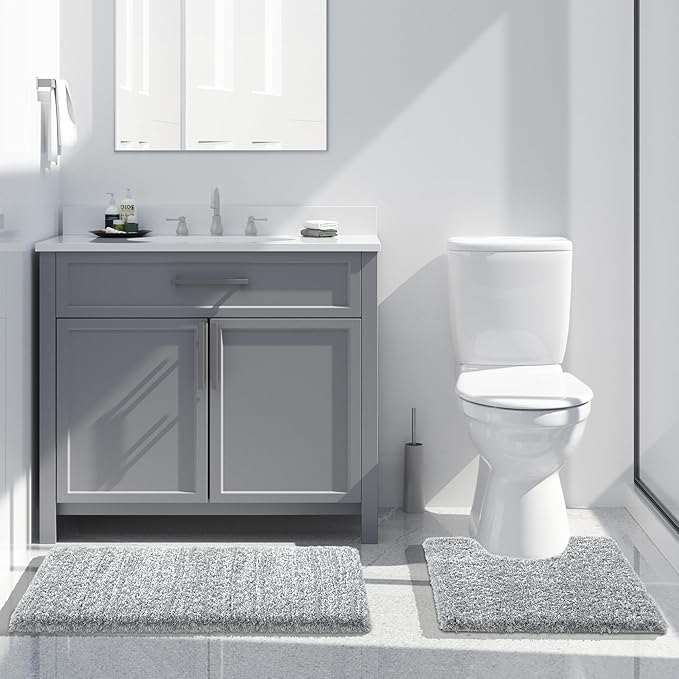 Yimobra Bathroom Rugs Sets 2 Piece, Soft Absorbent Bath Mat and U-Shaped Toilet Rug with Non Slip Backing, Machine Washable, Plush Shaggy Bath Mats for Bathroom, 32"x20"+24"x20", Light Gray and White