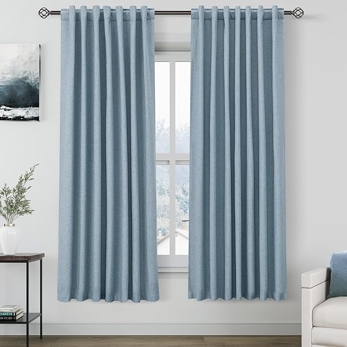 Nanspring Blue Linen Blackout Curtains 72 inch Length Back Tab Rod Pocket Thermal Insulated Textured Living Room 100% Blackout Curtains 2 Panels Set 52x72