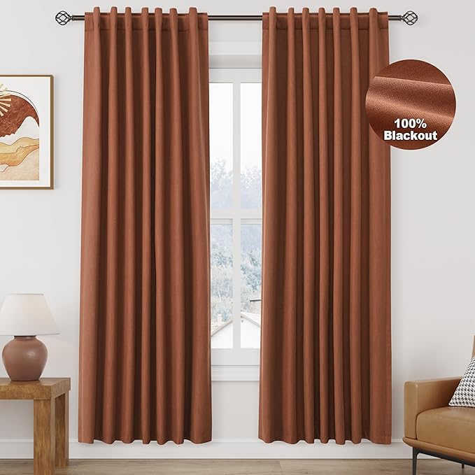 Nanspring Terracotta Linen 100% Blackout Curtains 80 inch Length Back Tab Rod Pocket Drapes Thermal Insulated Textured Bedroom Black Out Curtains 2 Panels Set 52x80