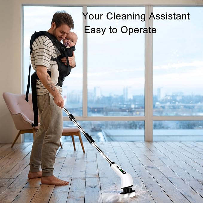 Electric Spin Scrubber - Cordless Cleaning Brush with 9 Attachment Shower and Grout Cleaner, Adjustable Extension Handle, IPX7 Waterproof for Tile Floor Tub Car (White)