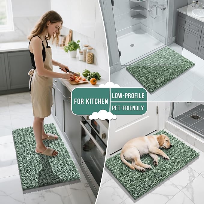 Yimobra Bathroom Runner Rug 60x24 Inch - Extra Long Non Slip Chenille Bath Mat, Soft & Absorbent, Machine Washable Shaggy Hallway Carpet for Vanity Tub Shower, Green Home Decor Accessories