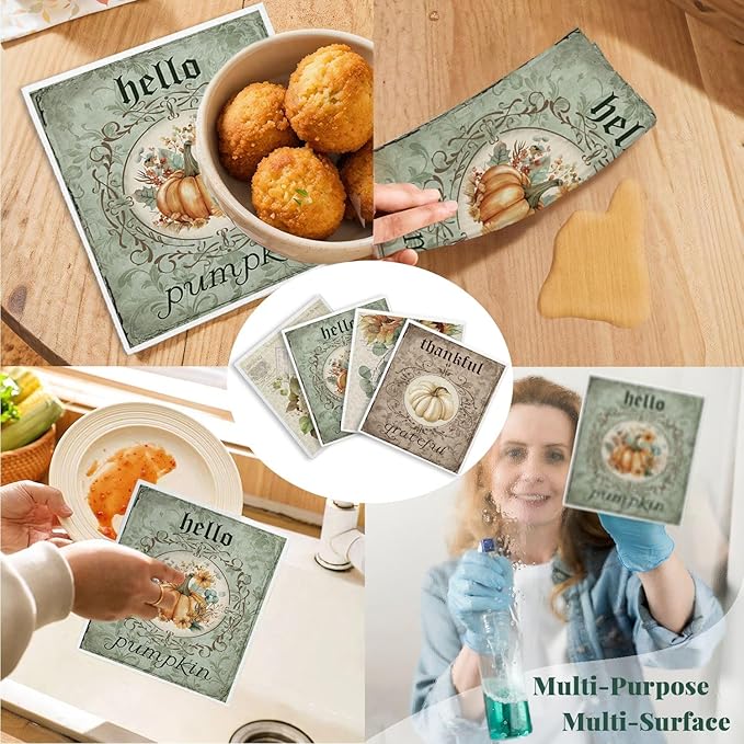 Vintage Fall Pumpkin Swedish Dishcloths for Kitchen Towels, Vintage Autumn Pumpkin Thanksgiving Farm House Gifts 4 Pack Dish Cloths for kitchen, Papaya Reusable Cleaning Paper Towels Washable