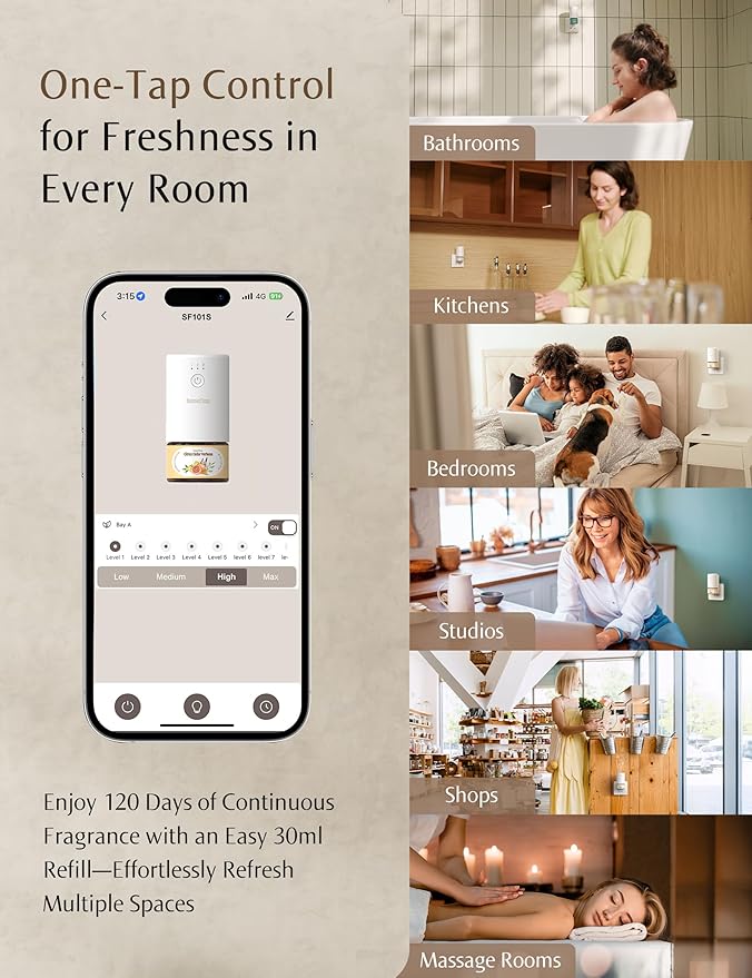 SF101S Smart Wi-Fi Waterless Ultrasonic Essential Oil Diffuser–100% Plant-Based,120-Day Natural Air Freshener & Aromatherapy scent Diffuser Covers 100㎡ for Home,Hotel-Citrus Grove Essence