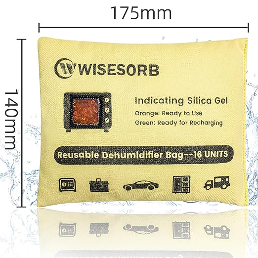 Rechargeable Gun Safe Dehumidifier, 4 Packs 16U Indicating Desiccant Packs with Transparent Window for Storage Reusable Silica Gel Packets Moisture Absorbers Safe Dehumidifier