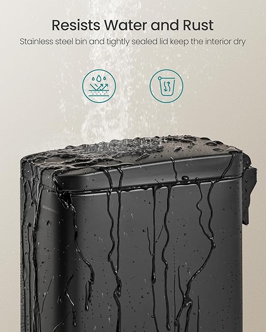 SONGMICS Bathroom Trash Can, 1.3 Gallon (5 L) Small Trash Bin with Lid, Slim for Small Spaces, Stainless Steel Garbage Can, Soft Close, Black ULTB560B05